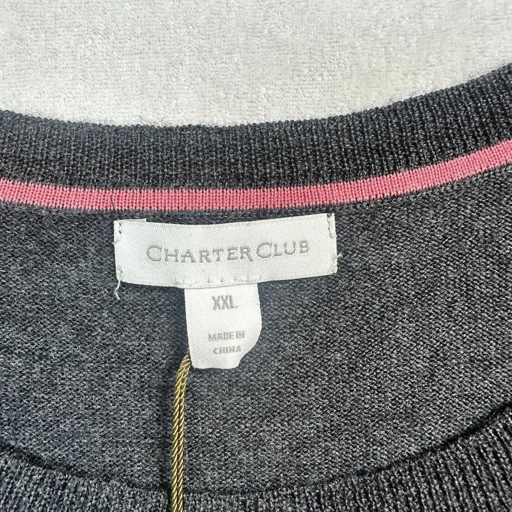 Charter Club Merino Wool Crewneck Sweater XXL Charcoal Heather‎ Button Cuff